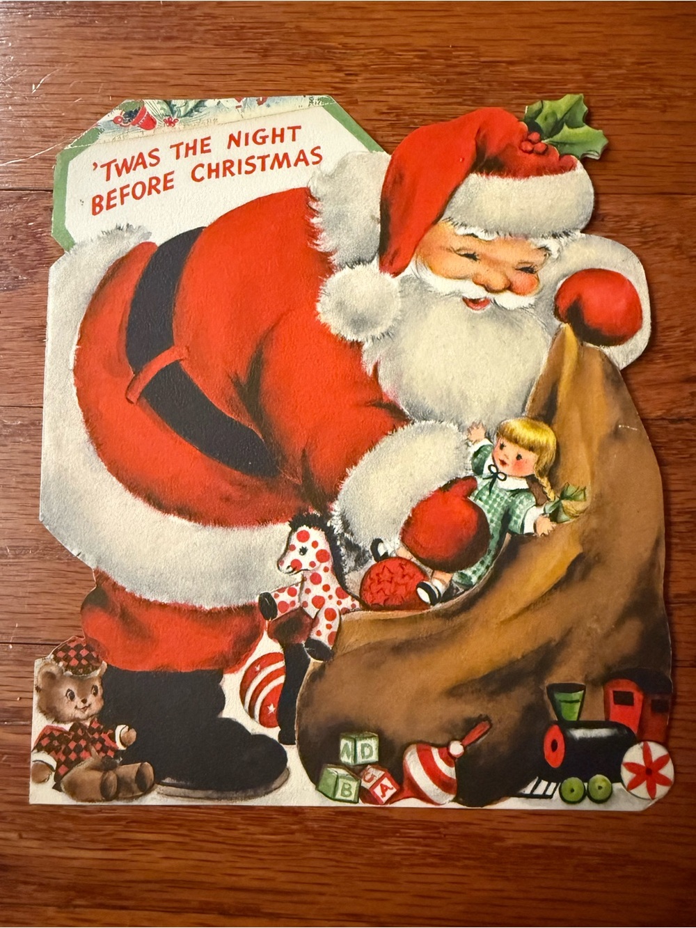 Vintage Hallmark 1950s Santa Die-Cut Tri-Fold Christmas Card - Night Before Xmas